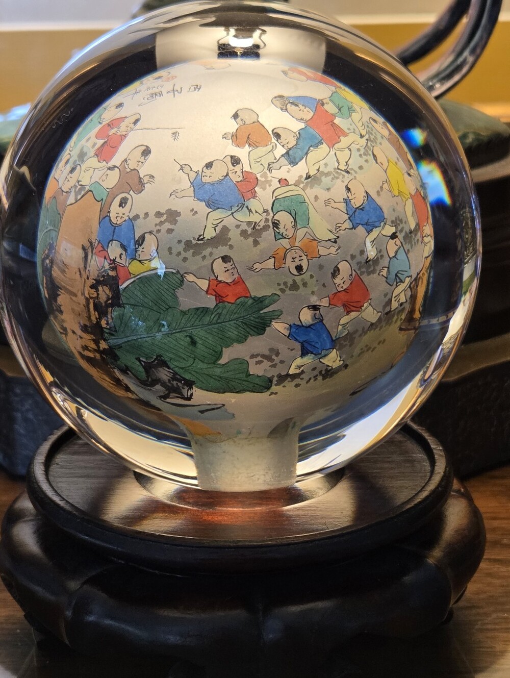 Vintage Asian Chinese  Hand Painted Inside Reverse Art Glass Globe